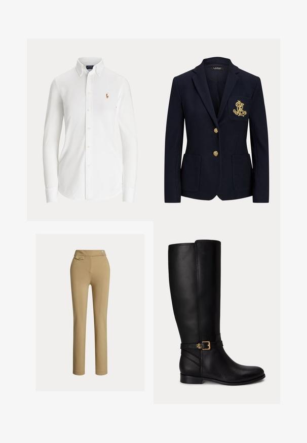 Blazer azul marino con botones dorados, dos bolsillos delanteros y un logo bordado en oro en el bolsillo izquierdo del pecho.; Camisa blanca de manga larga con botones, cuello abotonado y pequeño logo bordado de jugador de polo en el pecho.; Pantalones beige ajustados con una textura suave, cintura alta, dos botones decorativos y un bolsillo trasero. Diseño de pierna recta.; Bota negra de cuero hasta la rodilla con tacón bajo, hebilla dorada y pequeño logo en relieve en la correa lateral.