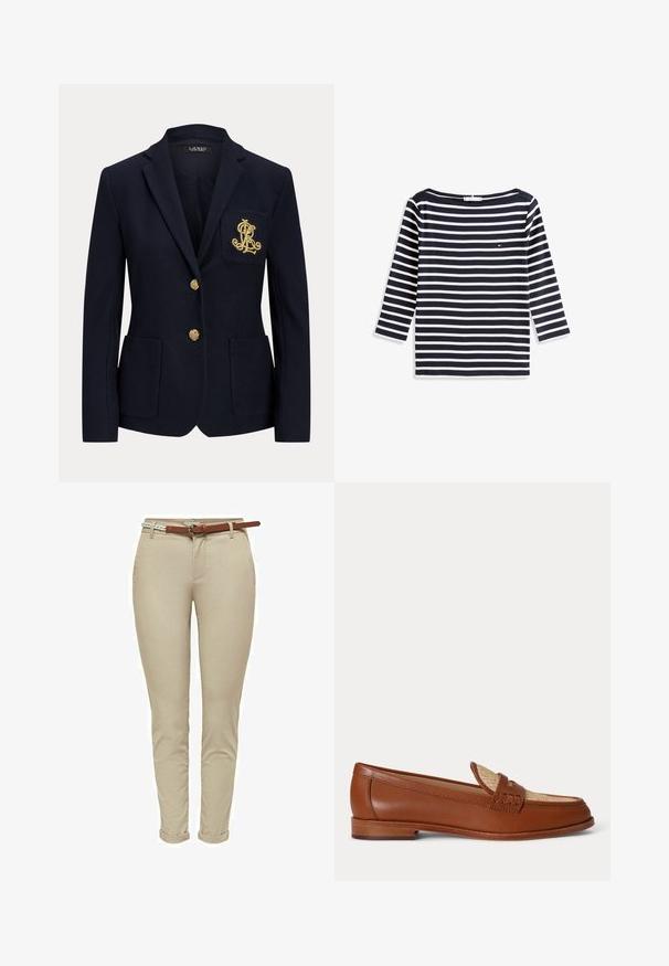 Blazer bleu marine avec boutons dorés, deux poches avant et un logo brodé en or sur la poche poitrine gauche.; Chemise à manches longues rayée bleu marine et blanc, avec encolure bateau et petit logo sur la poitrine gauche.; Pantalons beige ajustés en coton avec une texture lisse, dotés d'une ceinture en cuir marron et de revers roulés pour plus de détails.; Mocassin en cuir marron avec panneau beige tissé sur le dessus, petit talon en bois et design traditionnel à bride penny sur fond blanc.