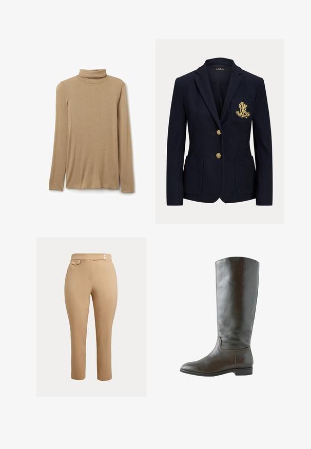 Marineblazer mit goldenen Knöpfen, zwei Fronttaschen und einem goldbestickten Logo auf der linken Brusttasche.; Beiges Langarm-Rollkragenshirt mit tailliertem Schnitt, flach auf weißem Hintergrund präsentiert.; Beige Slim-Fit-Hosen mit hoher Taille, versehen mit zwei kleinen dekorativen Knöpfen am Bund und einer mit Knopf verschlossenen Klappentasche auf der rechten Seite.; Hoher brauner Lederstiefel mit niedrigem Absatz, abgerundeter Spitze und einfacher Naht entlang des Knöchels und der Sohlenränder.