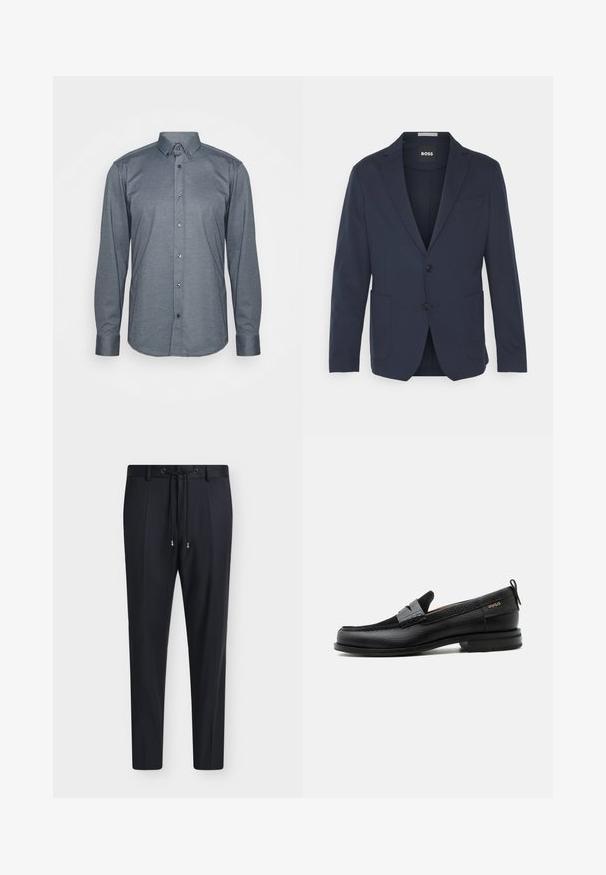 Marineblazer aus glattem Stoff, mit einem einreihigen Design, zwei frontalen Taschen, zwei Knöpfen und einem klassischen Revers.; Langärmliges Hemd mit Knöpfen aus dunkelgrauem Stoff, mit einem Kragen, Frontknöpfen und Manschetten. Glatte Textur mit passgenauer Design.; Schwarze maßgeschneiderte Hose mit Tunnelzug in der Taille und subtilen vorderen Falten, dargestellt auf einem schlichten hellen Hintergrund.; Schwarzer Lederloafer mit grauem Riemendetail, niedrigem Absatz und strukturierter Sohle, seitlich mit „HUGO“ in Gold gebrandmarkt.