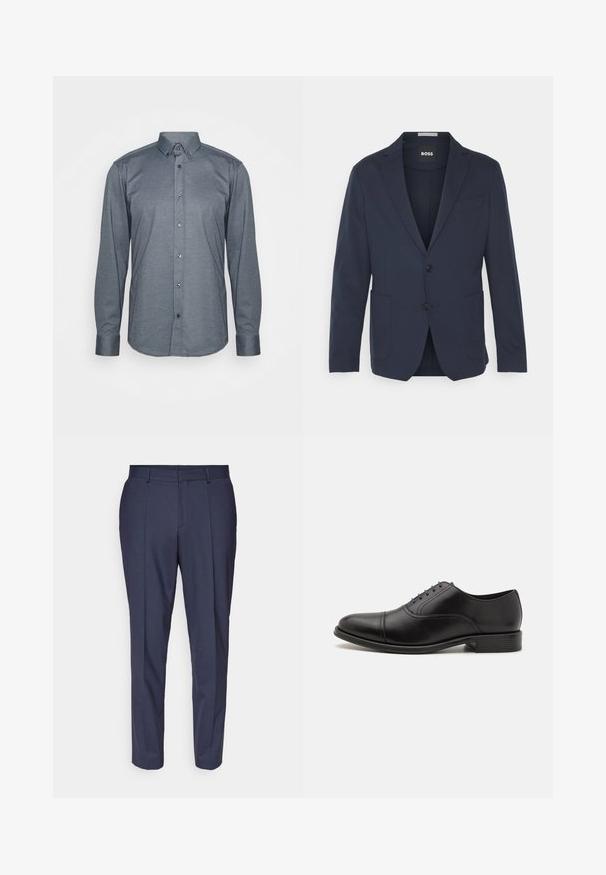 Blazer navy confeccionado en tela suave, con un diseño de un solo botón, dos bolsillos frontales, dos botones y un clásico cuello de muesca.; Camisa de manga larga abotonada en tela gris oscuro, con cuello, botones frontales y puños. Textura suave con un diseño ajustado.; Pantalones de vestir azul marino con corte recto, fabricados en tejido texturizado, que presentan pliegues frontales, trabillas para cinturón y bolsillos laterales.; Zapato de vestir de cuero negro con punta redondeada, acabado liso y costuras sutiles. Cuenta con cordones azules y un tacón bajo apilado.