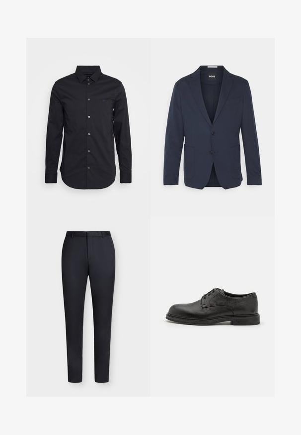 Námornícky blazer vyrobený z hladkej tkaniny, s jednoprsťovým dizajnom, dvoma prednými vreckami, dvoma gombíkmi a klasickým klopovým golierom.; Čierna košeľa s dlhým rukávom a gombíkmi vyrobená z hladkej tkaniny, s klasickým golierom, plnými rukávmi a malým logom na hrudi.; Čierne úzke nohavice na mieru so slučkami na opasok a skrytým predným zapínaním, zobrazené na bielom pozadí.; Emporio Armani LACED SHOE - Šnurovačky - nero