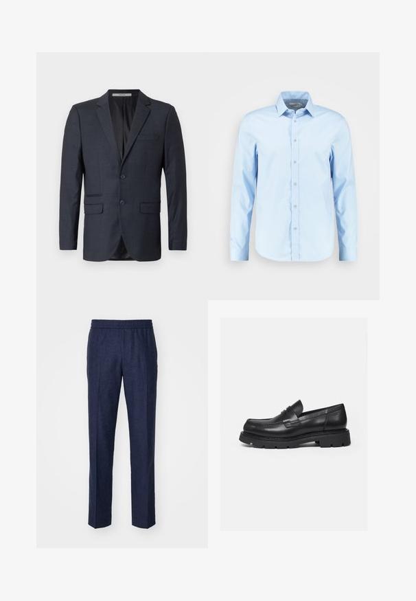 Blazer à carreaux bleu marine en tissu texturé. Il comporte deux poches avant, une poche sur la poitrine et deux boutons.; Chemise boutonnière à manches longues bleu clair en tissu lisse, avec un col pointu, une patte de boutonnage à l'avant et un ourlet arrondi.; Pantalons en lin bleu marine avec une taille élastique, coupe droite et sans motifs ni détails en métal visibles. Texture lisse.; Mocassin en cuir noir avec semelle épaisse crantée et détail de bride penny, présenté en profil droit sur fond blanc.