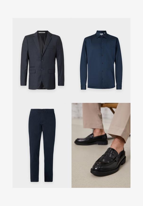 Marineblau kariertes Blazer aus strukturiertem Stoff. Verfügt über zwei vordere Taschen, eine Brusttasche und zwei Knöpfe.; Dunkelblaues Langarmhemd aus glattem Stoff, mit klassischem Kragen, durchgehender Knopfleiste und geknöpften Manschetten.; Herren Slim-Fit schwarze Hose mit vorderem Knopf- und Reißverschluss, Gürtelschlaufen und Seitentaschen.; Schwarze Lederloafers mit glatter Oberfläche, ausgestattet mit einem dekorativen Riemen und Kontrastnähten, kombiniert mit beigen Hosen.