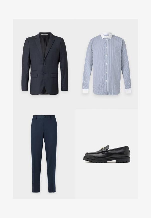 Blazer a cuadros azul marino hecho de una tela texturizada. Presenta dos bolsillos frontales, un bolsillo en el pecho y dos botones.; Camisa de manga larga con botones, con rayas verticales azules y blancas, cuello blanco y puños blancos sobre un fondo liso.; Pantalones de vestir azul marino con corte recto, con cierre de botón y trabillas para el cinturón. Hechos de una tela suave y ligera.; Mocasines de cuero negro con un acabado suave, punta redonda, una tira decorativa con herraje dorado y una suela negra robusta.