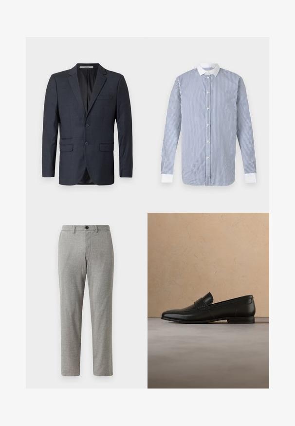 Marineblauwe geblokte blazer van gestructureerde stof. Heeft twee voorkeuken, een pocket op de borst en twee knopen.; Overhemd met lange mouwen en knopen, met verticale blauw-witte strepen, een witte kraag en witte manchetten, op een effen achtergrond.; Grijze geweven broeken met een rechte snit, met een knoopsluiting en riemlussen; gladde textuur en lichte stof voor casual gebruik.; Zwarte leren loafer schoenen zwevend in de lucht boven een beige tapijt met een beige bank op de achtergrond.