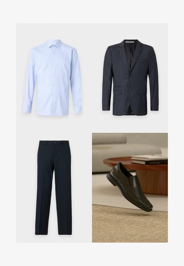 Marineblauwe geblokte blazer van gestructureerde stof. Heeft twee voorkeuken, een pocket op de borst en twee knopen.; Lichtblauwe shirt met lange mouwen, voorzien van een geruit patroon, knoopsluiting aan de voorkant, puntige kraag en een subtiele textuur. Perfecte pasvorm met knoopmanchetten.; Zwarte slim-fit broek met knoop- en ritssluiting, ceintuurlussen en rechte pijp.; Zwarte leren instapschoen voor nette gelegenheden zwevend boven een beige geweven vloerkleed, met een ronde houten salontafel en gestapelde boeken op de achtergrond.