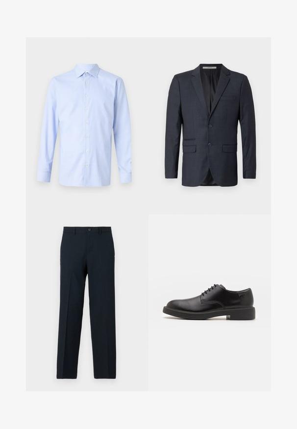 Marineblauwe geblokte blazer van gestructureerde stof. Heeft twee voorkeuken, een pocket op de borst en twee knopen.; Lichtblauwe shirt met lange mouwen, voorzien van een geruit patroon, knoopsluiting aan de voorkant, puntige kraag en een subtiele textuur. Perfecte pasvorm met knoopmanchetten.; Zwarte slim-fit broek met knoop- en ritssluiting, ceintuurlussen en rechte pijp.; Zwarte leren veterschoen met een ronde neus, een gladde textuur, minimale stiksels en een lage rubberen hak. Logo op de hak.