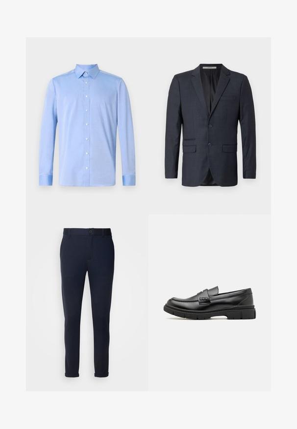 Blazer à carreaux bleu marine en tissu texturé. Il comporte deux poches avant, une poche sur la poitrine et deux boutons.; Chemise bleu clair à manches longues, avec un col classique et des boutons blancs. Le tissu semble lisse avec une légère texture.; Pantalon bleu marine en tissu doux, avec fermeture à bouton, passants de ceinture et poignets retroussés. Texture lisse avec un design ajusté.; Mocassin en cuir noir avec une large sangle sur le devant, semelle en caoutchouc à épaisse rainure, et texture lisse. Design classique et élégant.