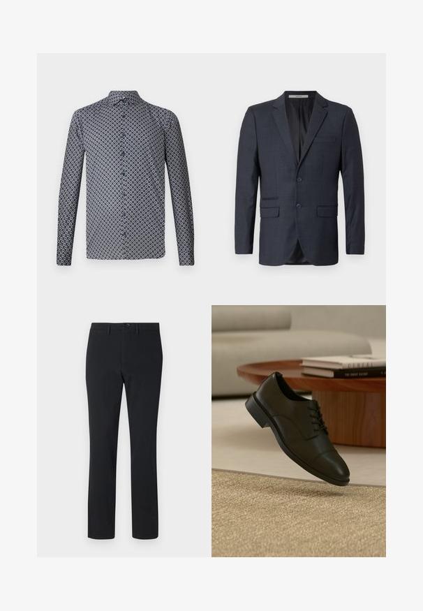 Blazer à carreaux bleu marine en tissu texturé. Il comporte deux poches avant, une poche sur la poitrine et deux boutons.; Chemise à manches longues de couleur bleu marine foncé avec un motif floral blanc répété. Dotée d'un col pointu et de boutons sur le devant. Texture de tissu lisse.; Pantalons noirs à jambe droite en tissu lisse. Présentent une fermeture à bouton sur le devant, des passants de ceinture et deux poches latérales.; Chaussure habillée en cuir noir avec des lacets flottant au-dessus d'un tapis texturé beige dans un salon avec une table basse en bois et des livres.