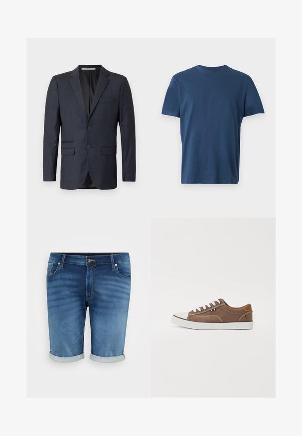 Marineblå ternet blazer lavet af struktureret stof. Har to forlommer, en lomme på brystet og to knapper.; Ensfarvet navy blå kortærmet rundhalset t-shirt, vist fladt på en lys baggrund.; Denim shorts i mellemblå med en let fading, der har knappelukning, fem lommer og opsmøgte kanter for et afslappet look.; Brune kanvas sneakers med hvide snørebånd, gummitåspids og kontrasterende tan-detaljer på hælen, med et lille tricolor-emblem.