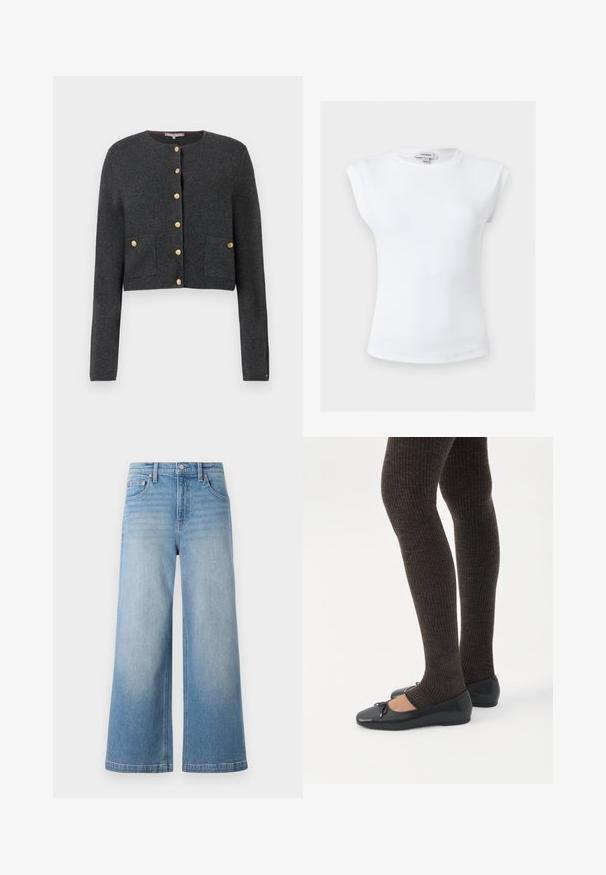 Cárdigan de punto gris oscuro con cuello redondo, botones dorados, dos bolsillos delanteros y mangas largas; diseño corto.; Top blanco sin mangas acanalado con hombreras acolchadas y escote redondo, talla pequeña, etiqueta de la marca Topshop en el interior del cuello.; Jeans de mezclilla de tiro alto de denim azul claro con corte ancho, diseño de cinco bolsillos, costuras visibles y cierre de botón en la parte delantera.; Piernas con leggings oscuros acanalados combinados con bailarinas negras que presentan pequeños detalles de lazo sobre un fondo blanco.