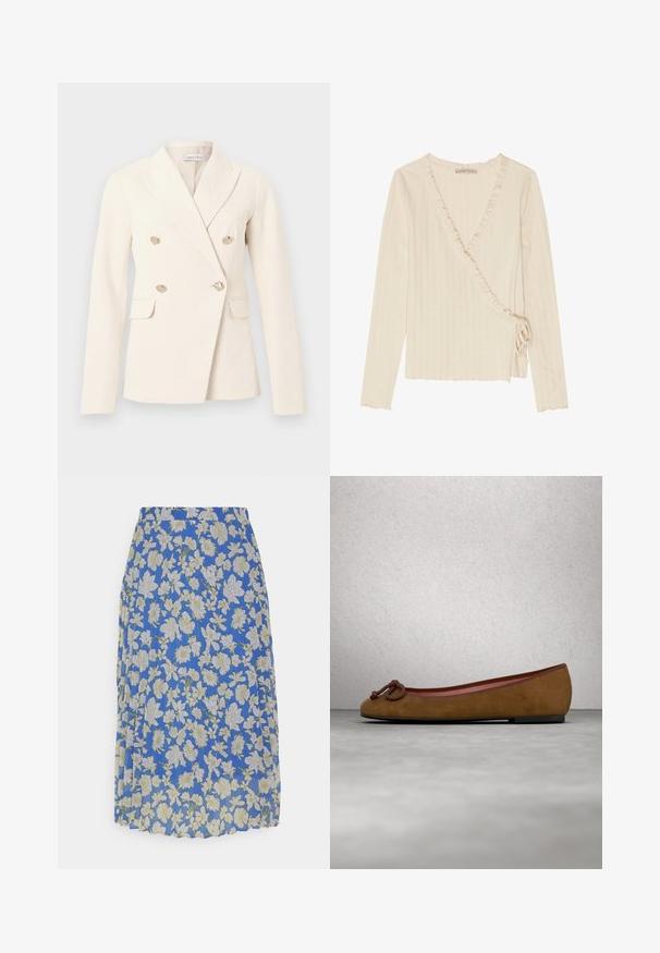 Cremefarbener Doppelreiher-Blazer mit langen Ärmeln, Reverskragen, vier goldfarbenen strukturierten Knöpfen und zwei Pattentaschen.; Cremfarbene Langarmbluse mit Wickeldesign, geripptem Material, Rüschenausschnitt und seitlichem Bindedetail, mit cropped Saum.; Anna Field Tall Faltenrock - light blue; Braune Wildleder-Ballettschuhe mit abgerundeter Zehenpartie, die eine geknotete Verzierung an der Vorderseite, dünne rote Einfassung und eine flache schwarze Sohle aufweisen.