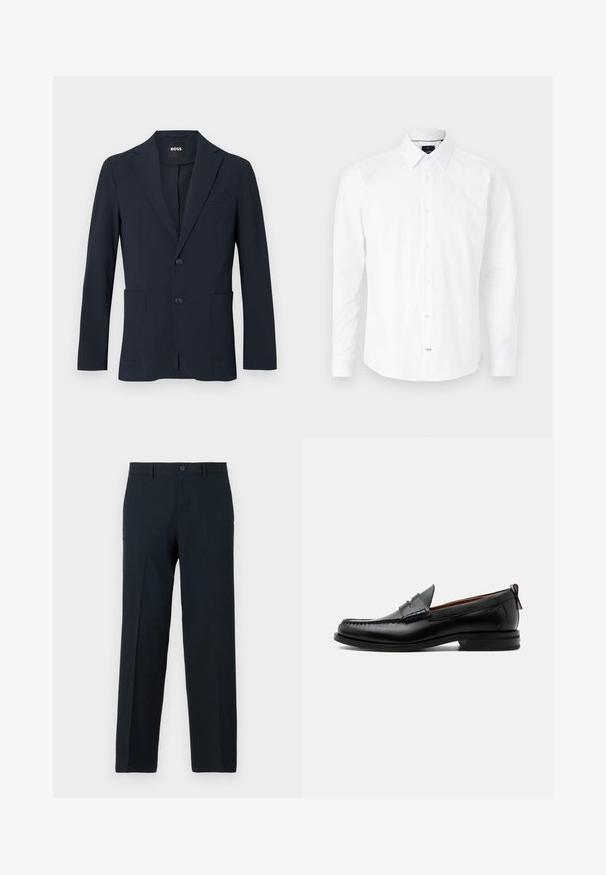 Dunkel marineblauer formeller Herrenblazer mit zwei Knöpfen, Revers mit Kerbe und aufgesetzten Fronttaschen, innen am Kragen mit „BOSS“ Label.; Weißes Langarmhemd aus Baumwolle. Verfügt über einen Button-Down-Kragen, eine Vorderknopfleiste mit rosa Knöpfen und einen abgerundeten Saum.; Schwarze Slim-Fit-Hose mit Knopf- und Reißverschluss, Gürtelschlaufen und geradem Bein.; Schwarzer Leder-Herrenschuh mit Mokassinnaht, Penny-Riemen, strukturiertem Kragen und niedrigem gestapeltem Absatz auf weißem Hintergrund.