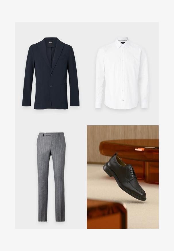 Donker marineblauwe formele herenblazer met twee knopen, hoekige revers en opgestikte voorzakken, met „BOSS“ label binnen in de kraag.; Witte longsleeve shirt van katoen. Bevat een knoopdown kraag, een knoopsluiting aan de voorkant met roze knopen en een gebogen zoom.; Grijze pinstriped broek gemaakt van textuurstof, met een klassiek ontwerp, rechte pasvorm en twee voorke pockets.; Zwarte leren veterschoen in de stijl van een nette schoen met een gestructureerd vooraanzicht, zwevend boven een beige tapijt in een moderne kamer met amberkleurige meubelen.
