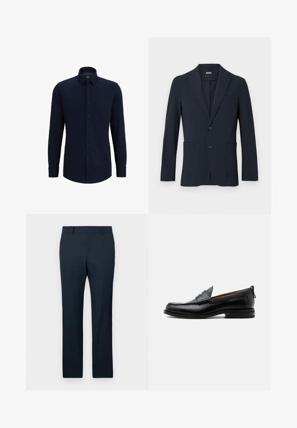 Dunkel marineblauer formeller Herrenblazer mit zwei Knöpfen, Revers mit Kerbe und aufgesetzten Fronttaschen, innen am Kragen mit „BOSS“ Label.; Marineblaue Langarmhemd aus gewebtem Stoff, mit klassischem Kragen, geradem Schnitt und vorderer Knopfverschluss.; Marineblau maßgeschneiderte Hosen mit strukturiertem Stoff, geradem Bein und vorderen Falten. Mit Gürtelschlaufen und einem glatten Bund.; Schwarzer Leder-Herrenschuh mit Mokassinnaht, Penny-Riemen, strukturiertem Kragen und niedrigem gestapeltem Absatz auf weißem Hintergrund.