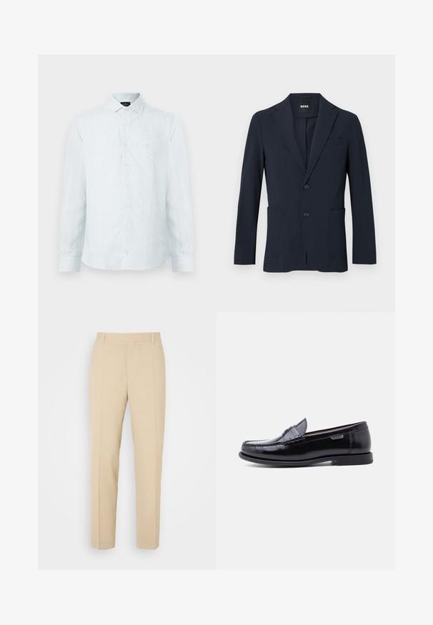 Blazer homme formel bleu marine foncé avec deux boutons, revers crantés et poches plaquées devant, étiqueté « BOSS » à l'intérieur du col.; Chemise à boutons pour homme en bleu clair avec des rayures verticales blanches, col classique, manches longues et logo subtil sur la poitrine.; Pantalons beige ajustés avec une coupe droite, fabriqués en tissu léger, dotés de deux poches avant et de plis bien repassés.; Mocassins en cuir noir avec une finition brillante, présentant un motif cousu sur l'avant-pied et une semelle en caoutchouc noire texturée et basse.