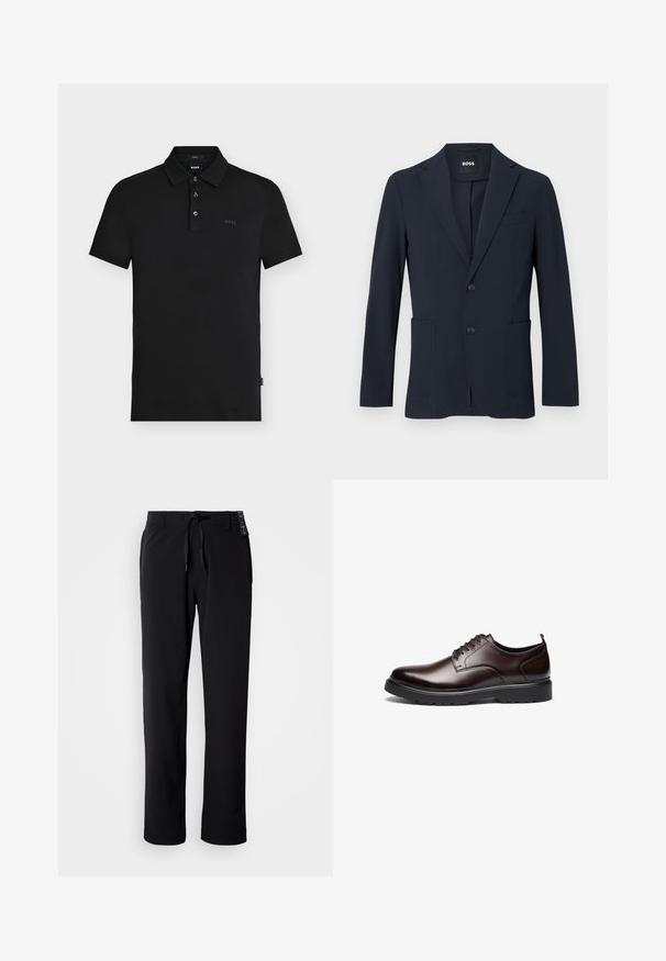 Mørk marineblå formel herreblazer med to knapper, notch revers og forlommer med lapper, mærket "BOSS" inde i kraven.; Sort slim-fit polo skjorte med tre knapper, korte ærmer og diskret "BOSS" logo på brystet og indersiden af kraven.; Sorte, letvægtsbukser med lige ben. Har elastiksnøre i taljen og en glat tekstur. Velegnede til afslappet brug.; Brune lædersko med snørebånd, der har et slankt design, rund tå, kontrasterende sort gummisål og minimal synlig syning.