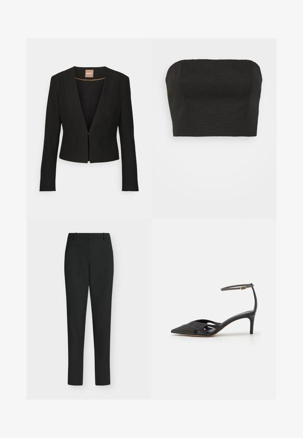 Sort cropped blazer med dyb V-udskæring, lange ærmer og en enkelt frontlås. Lavet af et glat, robust stof med en subtil glans.; STAUD NYLA - Top - black; Sorte, tætsiddende bukser med bæltestropper, forlynlås og lige ben, vist mod en hvid baggrund.; Sort læder højhælet sko med spids tå, åbne sider og en tynd ankelrem med en lille guld detalje.