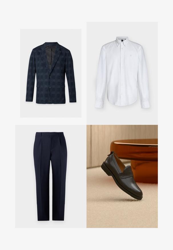 Donkerblauwe herenblazer met subtiel ruitpatroon, twee knopen, gespleten revers en klepzakken, getoond op een witte achtergrond.; Wit overhemd met lange mouwen, knopen en een button-down kraag met een subtiel logo op de borst, getoond tegen een effen achtergrond.; Marineblauwe tailored broek gemaakt van gestructureerde stof, met een rechte pasvorm, voorplooien en een klassieke tailleband met riemlussen.; Zwarte leren loafer met lage hak zwevend boven een beige tapijt, naast een glanzende amberkleurige tafel in een minimalistische kamer.