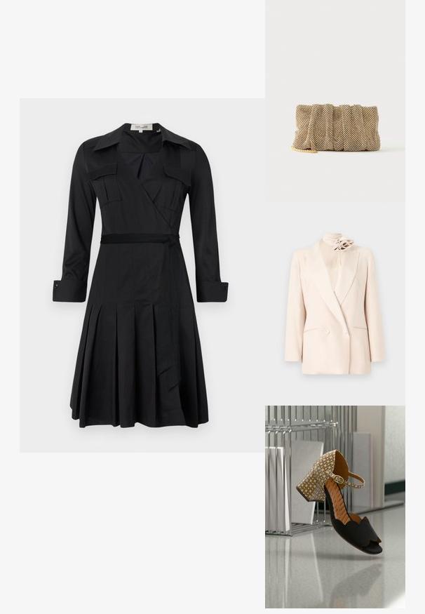 Cremefarbener, zweireihiger Blazer mit Falzkragen, zwei Vordertaschen und passendem cremefarbenem floralen Halsaccessoire auf hohem Kragen.; Schwarzes Wickelkleid mit langen Ärmeln, Kragen, zwei Brusttaschen und Taillengurt. Mit einem gelegten Rock für zusätzlichen Textur und Bewegung.; Schwarzer Schuh mit offenem Zehenbereich und gezackten Kanten, mit einem gemusterten, braunen Absatz und Knöchelriemen mit einem goldenen Verschluss. Glatte Lederoberfläche.; Kleine goldene Mesh-Clutch mit gerafftem Design und teilweise sichtbarem goldenen Kettengurt auf einfachem weißem Hintergrund.