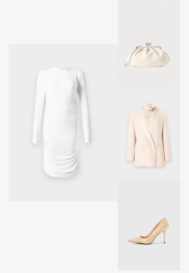 Blazer crème croisé avec revers crantés, deux poches avant et un accessoire floral crème assorti sur un col montant.; Robe blanche à manches longues en tissu lisse, avec un col rond et une texture froncée au niveau de la taille. Design simple et ajusté.; Escarpin à talon haut en cuir verni beige avec bout pointu et talon aiguille fin, orné d'un petit accent doré à l'arrière.; Pochette en tissu crème avec un design froncé, cadre en métal argenté, deux boules décoratives, et une bandoulière chaîne argentée.