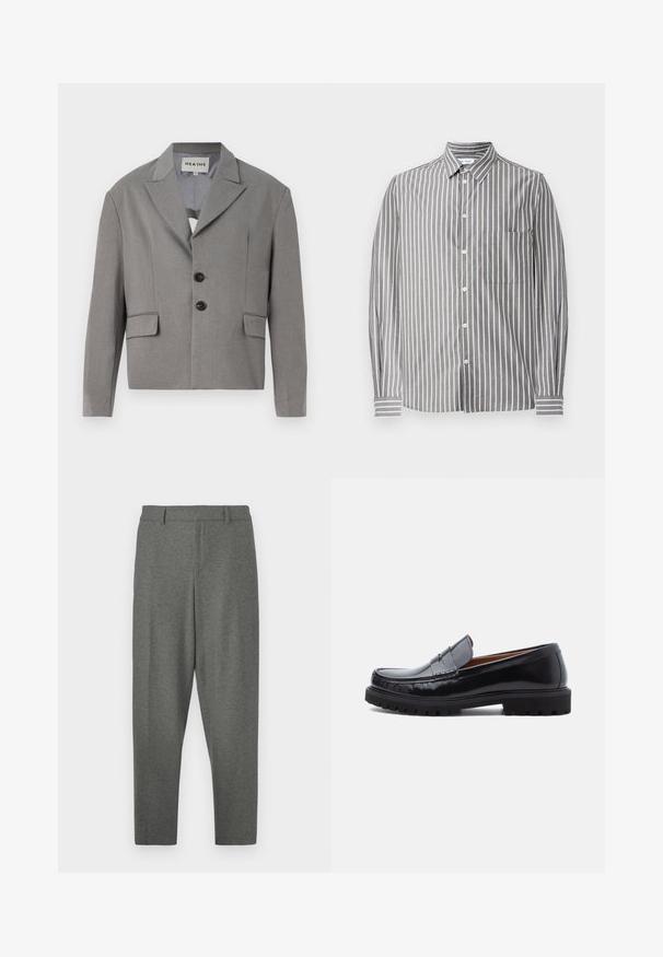 Blazer gris court en tissu texturé, avec un col à revers, deux boutons noirs et deux poches avant.; Chemise à manches longues rayée gris et blanc avec un col rabattu, présentant une poche poitrine et un tissu texturé.; Pantalons gris ajustés en tissu doux. Dotés d'une taille, de passants de ceinture et d'une coupe fuselée. Texture lisse, sans motifs.; Mocassin penny en cuir noir avec semelle en caoutchouc épaisse et couture moc toe, montré de profil sur un fond blanc.