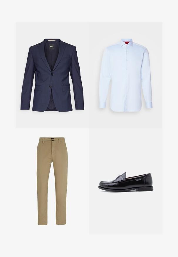 Blazer entallado azul marino hecho de una tela suave, con dos botones, solapas de muesca y dos bolsillos delanteros. Interior etiquetado "BOSS."; Camisa de botones de manga larga en azul claro con cuello extendido, dobladillo redondeado y botones blancos. Tejido suave con un brillo sutil.; Chinos de algodón beige con un ajuste slim, frente plano y cierre de botón. Presenta trabillas para cinturón y bolsillos laterales para mayor funcionalidad.; Mocasines de cuero negro con acabado brillante, que presentan un diseño cosido en la puntera y una suela baja de goma negra texturizada.