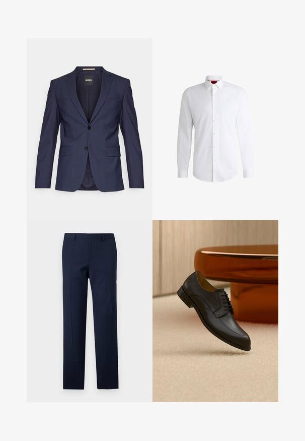 Navyblauwe op maat gemaakte blazer van een gladde stof, met twee knopen, notch revers en twee voorzakken. Binnenin gelabeld "BOSS."; Witte overhemden van soepel materiaal met een klassieke kraag, lange mouwen en een afgeronde zoom. Voorzien van beige knopen aan de voorkant.; Marineblauwe broeken met een getailleerde pasvorm, met een gladde textuur, scherpe plooien en een vlakke voorkant. Verborgen ritssluiting.; Zwarte leren veterschoen zwevend boven een beige tapijt, met een ronde oranje tafel op de achtergrond.