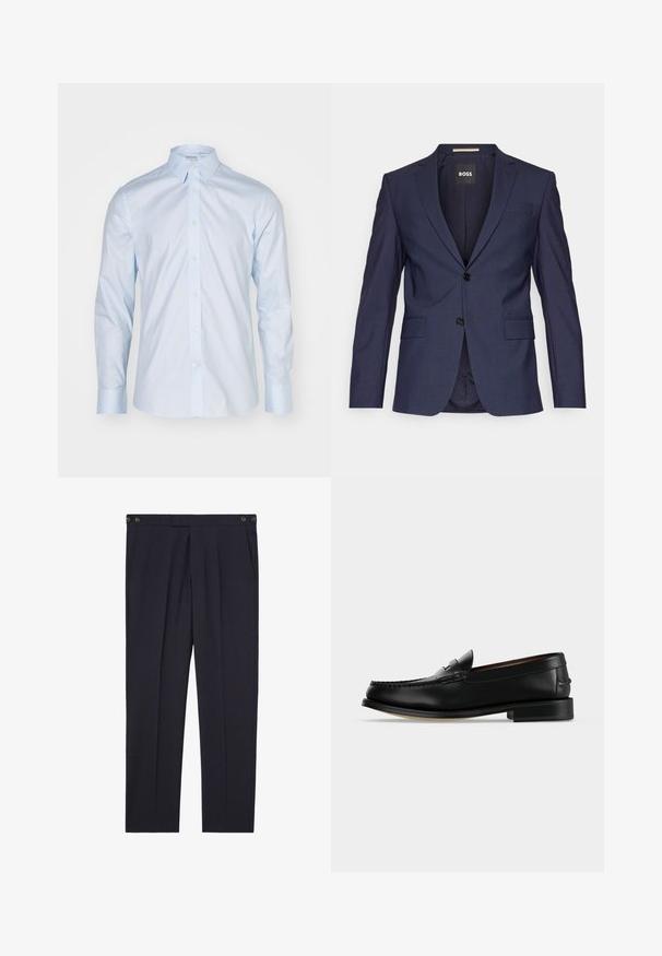 Navyblauer, taillierter Blazer aus glattem Stoff, mit zwei Knöpfen, Reverskragen und zwei vorderen Taschen. Innen etikettiert mit "BOSS."; Himmelblaues Langarmhemd mit klassischem Kragen, durchgehender Knopfleiste und kontrastierenden Knöpfen; aus glattem Stoff mit frischer Oberflächenstruktur gefertigt.; Marineblaue, maßgeschneiderte Hose mit vorderen Falten, Seitentaschen, verstellbaren Taillenriegeln mit Knöpfen und geradem Bein.; Schwarzer Leder-Herrenschuh (Loafer) mit niedrigem Absatz und Mokassin-artiger Naht am Zehenbereich, seitlich auf einfarbigem Hintergrund dargestellt.