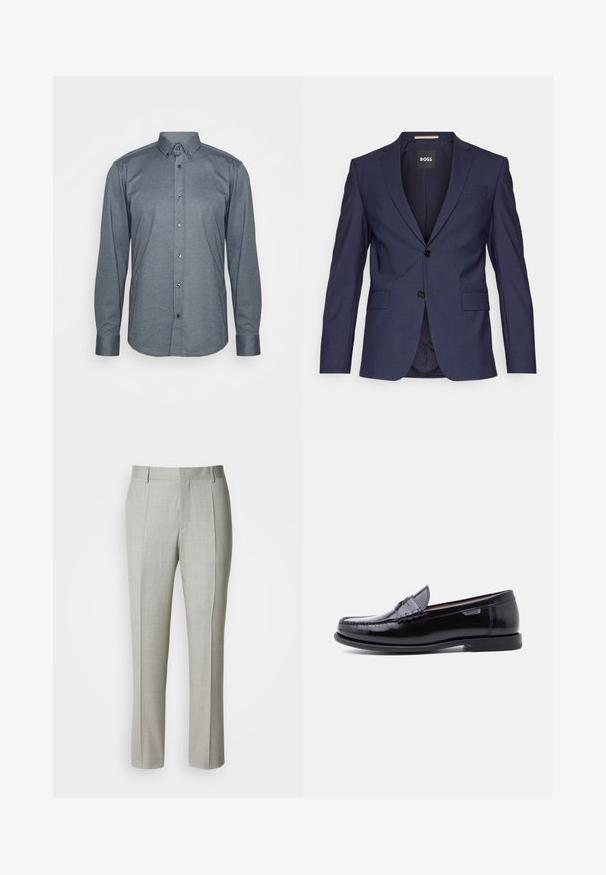 Blazer entallado azul marino hecho de una tela suave, con dos botones, solapas de muesca y dos bolsillos delanteros. Interior etiquetado "BOSS."; Camisa de manga larga abotonada en tela gris oscuro, con cuello, botones frontales y puños. Textura suave con un diseño ajustado.; Pantalones de sastre gris claro hechos de una tela suave, con corte recto, pliegues delanteros y cintura clásica con trabillas para el cinturón.; Mocasines de cuero negro con acabado brillante, que presentan un diseño cosido en la puntera y una suela baja de goma negra texturizada.