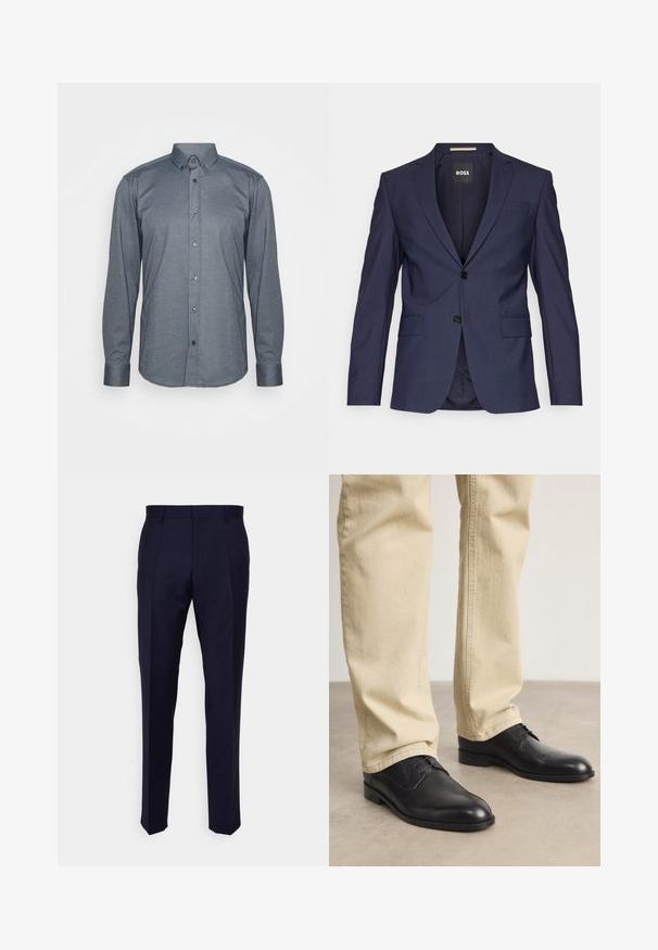 Mørkeblå skræddersyet blazer lavet af glat stof, med to knapper, slagkrave og to forlommer. Indeni mærket "BOSS."; Langærmet skjorte i mørkegrå stof, med krave, frontknapper og manchetter. Glat tekstur med en tætsiddende pasform.; Marinebukser med skræddersyet pasform. Fremstillet af et tekstureret stof, med to frontfolder og bæltestropper. Enkel design; ingen synlige hardware.; Sorte læder snørebåndssko med rund tå, glat finish og diskrete syninger, båret med lyse beige bukser.