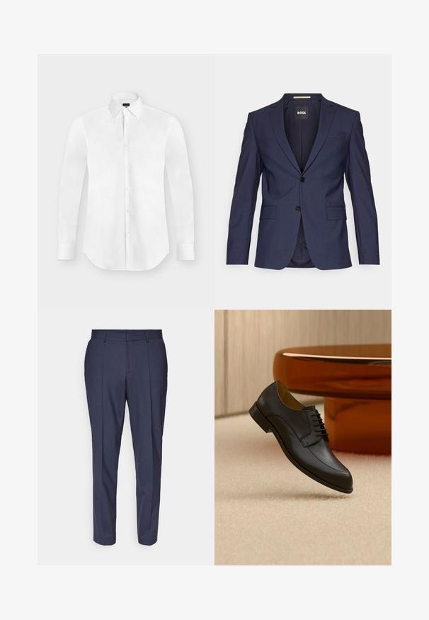 Mørkeblå skræddersyet blazer lavet af glat stof, med to knapper, slagkrave og to forlommer. Indeni mærket "BOSS."; Hvid langærmet skjorte med knapper og spidst krave, lagt fladt på en lysegrå baggrund.; Mørkeblå dressbukser med lige snit, lavet af tekstureret stof, med forknydninger fortil, bæltestropper og sidelommer.; Sort læder snøresko, der svæver over beige tæppe med et rundt orange bord i baggrunden.
