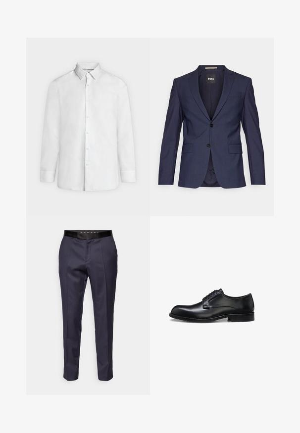 Blazer entallado azul marino hecho de una tela suave, con dos botones, solapas de muesca y dos bolsillos delanteros. Interior etiquetado "BOSS."; Camisa blanca de vestir de manga larga con cuello abierto y puños abotonados, mostrada de frente sobre un fondo liso gris claro.; Pantalones navy ajustados con una textura suave, que presentan una cinturilla negra y detalles de pliegue en la parte frontal para un aspecto formal.; Zapato de vestir para hombre de cuero negro pulido con cordones cerrados, tacón bajo y detalle sutil de marca cerca del talón sobre un fondo blanco.