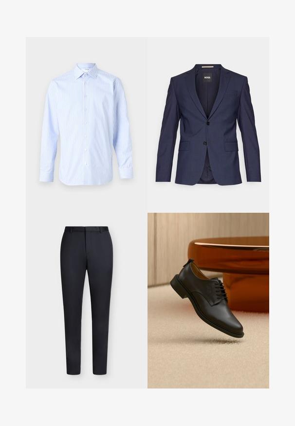 Blazer entallado azul marino hecho de una tela suave, con dos botones, solapas de muesca y dos bolsillos delanteros. Interior etiquetado "BOSS."; Camisa de manga larga a rayas azul claro y blanca con cuello clásico, cierre de botones en la parte delantera y puños, hecha de una tela suave.; Pantalones negros ajustados a medida con trabillas para cinturón y cierre delantero oculto, mostrados sobre un fondo blanco.; Zapato de vestir para hombre de cuero negro con cordones flotando sobre una alfombra beige, con una mesa de café redonda marrón en el fondo.