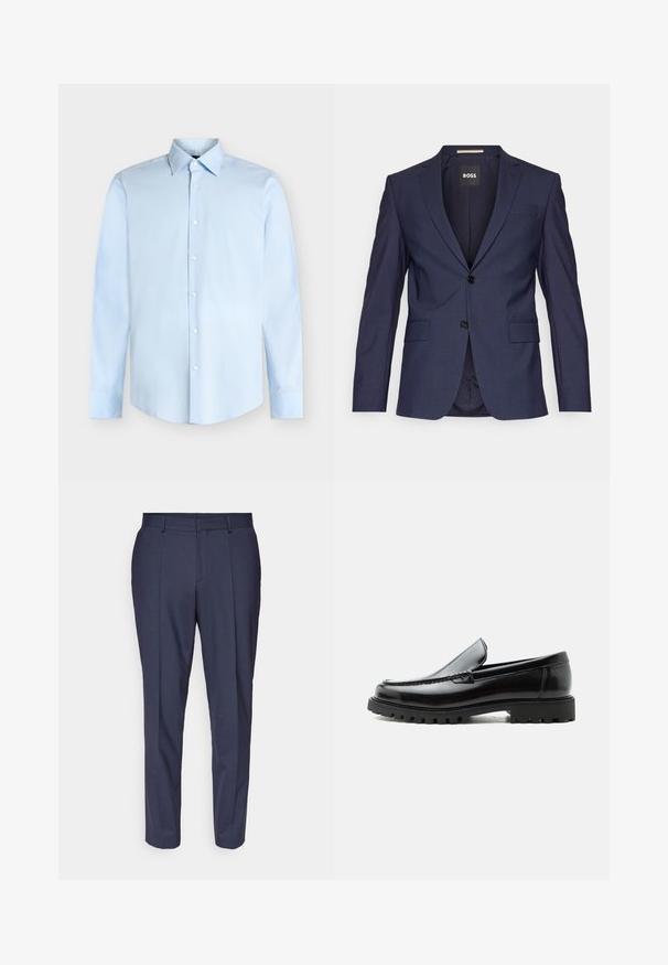 Blazer entallado azul marino hecho de una tela suave, con dos botones, solapas de muesca y dos bolsillos delanteros. Interior etiquetado "BOSS."; Camisa de vestir de hombre azul claro de manga larga con cierre de botones en la parte delantera y cuello puntiagudo, mostrada sobre un fondo blanco.; Pantalones de vestir azul marino con corte recto, fabricados en tejido texturizado, que presentan pliegues frontales, trabillas para cinturón y bolsillos laterales.; Mocasín de cuero negro con suela de goma gruesa, empeine cosido y nombre de la marca en relieve en el talón, mostrado en perfil lateral sobre fondo blanco.