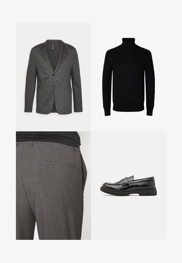 Strellson ANDY - Blazere - charcoal; Sort langærmet rullekrave sweater med rib manchetter og kant, vist på en ensartet hvid baggrund.; Grå skræddersyede bukser med en glat tekstur, udstyret med en enkelt baglomme og et slim fit design. Stoffet har et subtilt mønster.; Sort læder loafersko med en bred rem over forfoden, gummisål med tykke mønstre og glat overflade. Klassisk, slankt design.