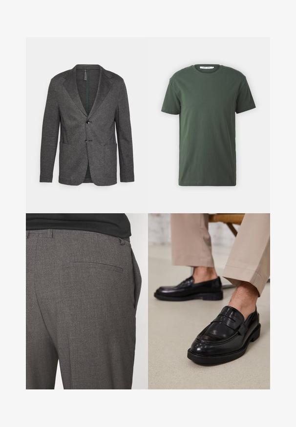 Strellson ANDY - Americana - charcoal; Camiseta de algodón verde oscuro, de manga corta, con cuello redondo, corte holgado, diseño liso y textura suave sin patrones o acentos visibles.; Pantalones grises ajustados con una textura suave, que cuentan con un bolsillo trasero y un diseño slim fit. La tela tiene un patrón sutil.; Mocasines de cuero negro con un acabado suave, que cuentan con una correa decorativa y costuras en contraste, combinados con pantalones beiges.