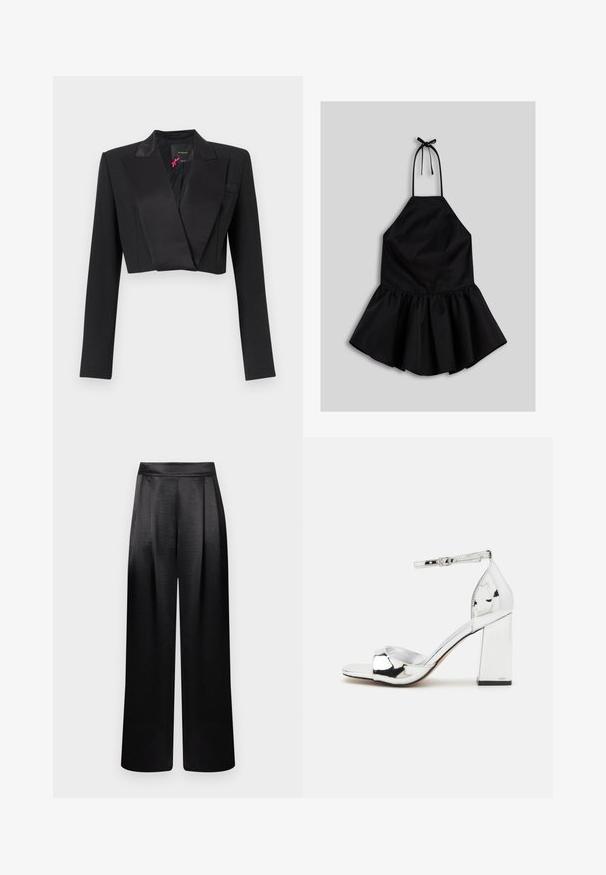 Zwarte cropped blazer met brede satijnen revers en lange mouwen, met Pinko-label aan de binnenkant van de kraag.; Zwarte mouwloze halterjurk met een strik aan de hals en een uitlopende, geplooide rok op een grijze achtergrond.; Zwart satijnen broek met wijde pijpen en een gladde textuur, voorzien van plooien aan de voorkant en een hoge taille, met een gestructureerd maar vloeiend ontwerp.; Zilveren hoge hak sandaal met een blokhak, open teen en enkelbandje. Gekenmerkt door een glanzende lakafwerking en een gevoerd voetbed.