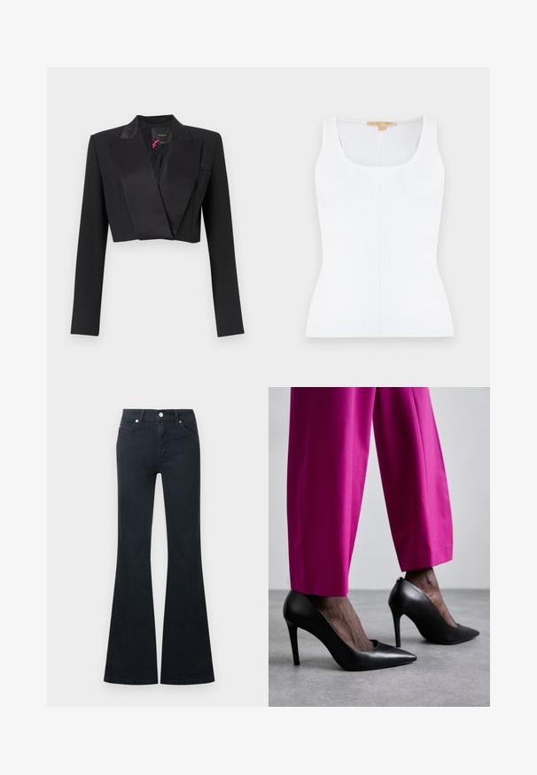 Blazer court noir avec larges revers en satin et manches longues, étiquette Pinko à l’intérieur du col.; Débardeur blanc en maille côtelée sans manches, doté d'un col en U et d'une silhouette ajustée.; Jean en denim noir évasé avec une taille haute, cinq poches et une fermeture à bouton métallique. Texture lisse et détails de couture contrastés.; Chaussures à talons hauts noires avec un design à bout pointu et une texture en cuir lisse. Associées à des pantalons ajustés rose vif.