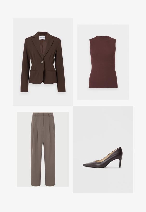 Brun blazer i en struktureret design med en enkelt knap, udskårne lapels, to forlommer og en glat stofstruktur.; Ærmeløs ribstrikket top i mørkebrun med en falsk høj hals og tætsiddende silhuet.; Brune plisserede bukser med høj talje, slankt stof, vidde ben-design og sidelommer, der har en glat og let tekstur.; Brun læderhøjhælet sko med spids snude og en slank hæl på 7 cm, glat tekstur og minimalistisk design. Ingen synlige pynt.