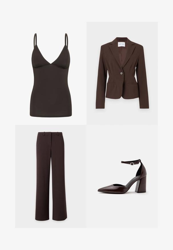 Blazer marron au design structuré avec un bouton unique, revers crantés, deux poches avant et une texture de tissu lisse.; Camisole ajustée marron foncé avec de fines bretelles réglables et un décolleté en V.; Pantalon large marron foncé avec passants pour ceinture et fermeture avant dissimulée, présenté à plat sur fond blanc.; Chaussure à talon haut en cuir marron foncé à bout pointu, avec bride à la cheville et boucle argentée sur fond blanc.
