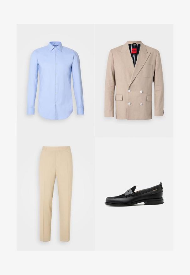 Blazer beige à double boutonnage en tissu texturé, doté de quatre boutons blancs, de revers à cran et d'une poche poitrine unique. Doublé avec un tissu rayé.; Chemise à manches longues bleu clair en coton, dotée d'un devant à boutons, d'un col et d'un ourlet arrondi. Texture lisse sans motifs.; Pantalons beige ajustés avec une coupe droite, fabriqués en tissu léger, dotés de deux poches avant et de plis bien repassés.; Mocassin en cuir noir avec détail de bride grise, talon bas et semelle texturée, marqué "HUGO" en or sur le côté.