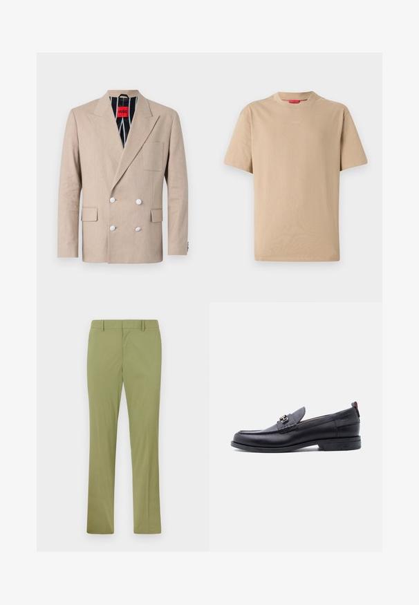Beige kaksikrõpsuga jakki, mis on valmistatud tekstuuriga kangast, koos nelja valge nööbiga, sisenurgalapid ja ühe rinnaTaskuga. Vooderdatud triibulise kangaga.; Beige puuvillane T-särk lühikeste varrukatega, ümar kaelus ja diskreetne "HUGO" logo keskel. Sile tekstuur, mugav lõige.; Õhukese lõikega oliivrohelised püksid vööaasade, eesmine luku ja sirgete säärtega, asetatud heledale taustale.; Mustast nahast mokassiin halli tekstuuriga pealse ja hõbedase metallist pandlaga, madala kontsaga ja tagant tõmblukuga.