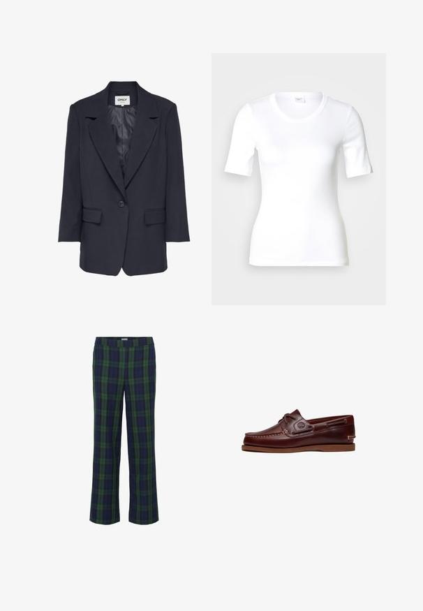 Blazer azul marino hecho de una tela suave, con cuello con muescas, cierre de un solo botón y dos bolsillos frontales. Mangas de corte recto.; Camiseta blanca de manga corta hecha de algodón liso, con escote redondo y forma ajustada. Diseño clásico, sin estampados ni adornos.; Pantalones a rayas en verde y azul marino con un diseño de pierna recta y una cintura elástica. La tela tiene una textura suave y presenta un clásico patrón de cuadros.; Zapato náutico de cuero marrón con cordones, detalles de costura y logo de Timberland en el lateral, mostrado sobre un fondo blanco.