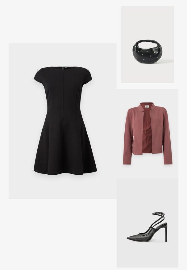Rosafarbener, maßgeschneiderter Blazer mit offenem Vorderteil, Reverskragen, langen Ärmeln und dezent texturierter Stoffstruktur.; Schwarzes Kleid mit kurzen Ärmeln und tailliertem Oberteil sowie ausgestellt Rock. Glattes Material, knielanges Design und ein verdeckter Reißverschluss im Rücken.; Schwarze High Heels mit spitzer Zehe, Kombination aus Netz- und Lackleder, Knöchelriemen mit Schnallen-Detail, eleganter Schnitt.; Schwarze Lederhandtasche mit abgerundeter Form, verziert mit silbernen Nietenakzenten und kurzem Griff. Glatte Struktur und Reißverschlussverschluss.
