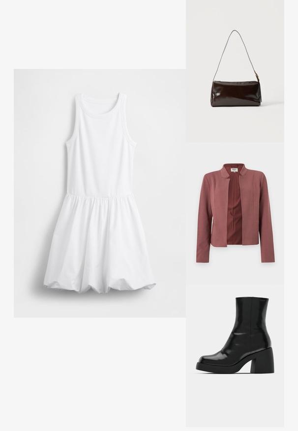 Blazer sur mesure rose avec devant ouvert, col cranté, manches longues et texture subtile sur le tissu.; Robe débardeur blanche avec un haut ajusté et une jupe évasée et plissée. Fabriquée en coton doux, avec une texture côtelée.; Bottines noires à finition brillante, bout carré et épais talon bloc. Le design présente une silhouette homogène et un branding minimal.; Sac à bandoulière rectangulaire en cuir marron foncé avec une seule sangle fine et une boucle dorée sur un fond uni.