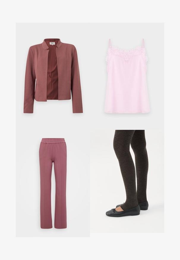 Rosa farvet skræddersyet blazer med åben front, reverskrave, lange ærmer og subtil tekstur i stoffet.; Lyserød camisole med justerbare stropper, der har en delikat spidskant langs udskæringen og en glat, blød stofoverflade.; Lyse mauve lige bukser med elastisk talje. Fremstillet af blødt materiale og med lodrette syninger for et skræddersyet udseende.; Ben iført mørke ribbede leggings kombineret med sorte balletsko med små sløjfedetaljer på hvid baggrund.