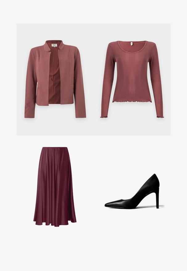 Rosa farvet skræddersyet blazer med åben front, reverskrave, lange ærmer og subtil tekstur i stoffet.; Langærmet top i støvet rosa med ribbet tekstur, rundudskæring, bølget kant forneden og ved manchetten, lavet af blødt strikmateriale.; Bordeaux gulvlængde nederdel lavet af glat, blankt stof med et flydende design og elastisk talje. Ingen mønstre eller accenter til stede.; Sort læder damesko med spids tå og høj, slank stilet-hæl på hvid baggrund.