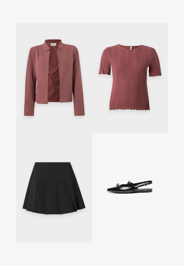 Blazer sur mesure rose avec devant ouvert, col cranté, manches longues et texture subtile sur le tissu.; Haut à manches courtes en tricot côtelé couleur rose poussiéreux, à col rond et bordure subtile ondulée aux manches et à l'ourlet.; Mini-jupe plissée noire avec une large ceinture, des plis verticaux espacés uniformément et un ourlet légèrement évasé.; Chaussure plate à bride arrière en cuir noir avec un bout pointu, ornée de volants sur le avant-pied et d'une sangle à cheville réglable. Texture de surface lisse.